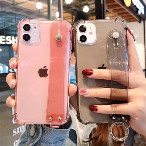 Wristband Holder Clear Phone Case For iphone 12Pro SE 2020 11 11Pro Max XR X XS Max 7 8 Plus Soft Silicone Shockproof Back Cover