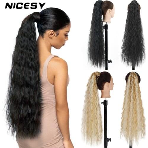 Nicesy Long Curly Hair Corn Wavy Ponytail Hair Extension Synthetic Fiber Heat-Resistant Wig Ombre Brown Black Curly Hair