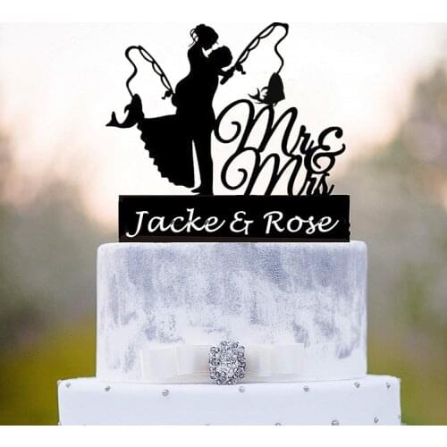 Personalized Wedding Cake Topper, Fishing cake topper with Mr & Mrs ,Bride and Groom Wedding cake topper silhouette Decoration