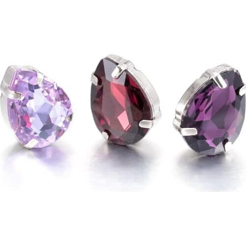 Fancy Purple Violet Top Stone Tear Drop Glass Crystal Strass High Quality Sew-on Rhinestones With Claws Sew On Clothes Crafts