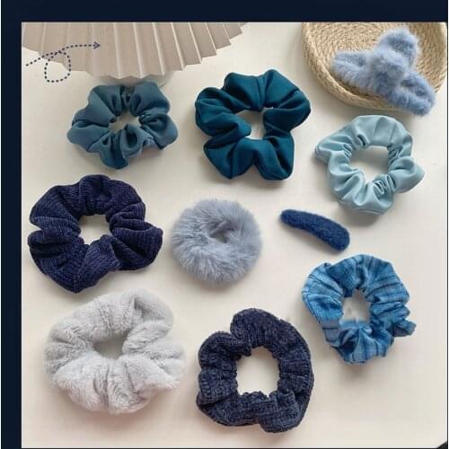 New Korean Style Fashion Women Navy Blue Hair Scrunchies Hair Claw Elegant Satin PU Rubber Band Pony Hair Clip Hair Accessories