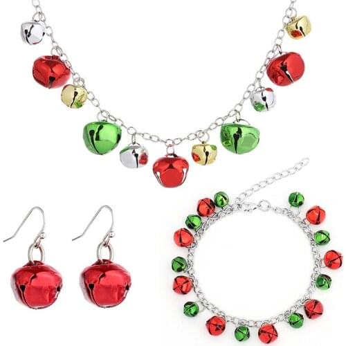 Christmas Jewelry Set Colorful Bell Necklace Bracelet Earrings for Women Girls Gift Red Green Bells Decoration Party Accessories