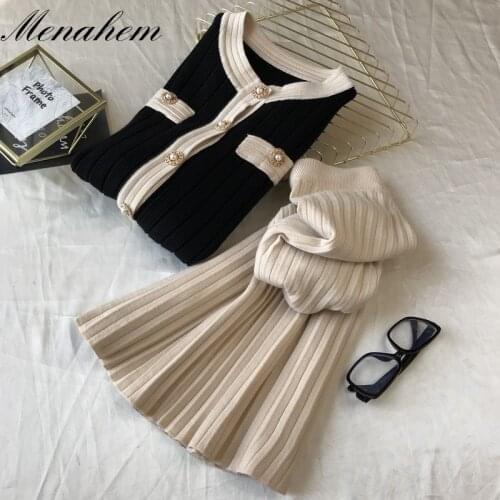 Chic Office Ladies Single Breasted Pearl Buttons Cardigan Sweater+Pleated Long Skirt Suit 2021 Autumn Winter Knitted 2 Piece Set