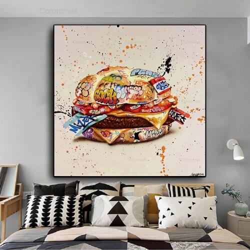Modern Hamburger Graffiti Art Poster and Prints Street Hamburger Graffiti Canvas Painting Picture for Living Room Home Decor