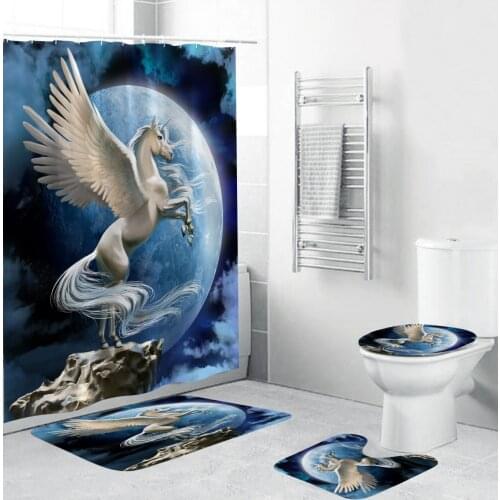 Unicorn Under The Moon Fabric Shower Curtains Pegasus Bathroom Curtain Anti-skid Rugs Toilet Lid Cover Bath Mat Set with Hooks