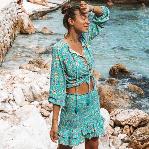 Jastie Spring Autumn Women Blouse Shirt Boho Floral Print V-Neck Long Sleeve Top Ruffle Beach blusas mujer de moda 2021