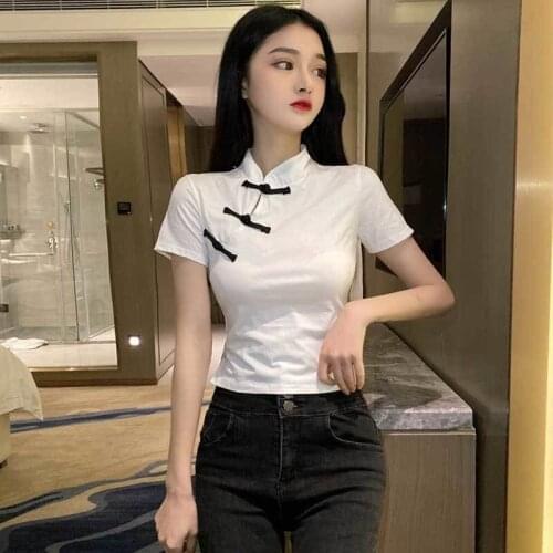 Women Vintage Tight Black White Short Sleeve Blusas Chinese Style Slim Hanfu Cheongsam Tops China Tang Suit Blouses Femme Summer