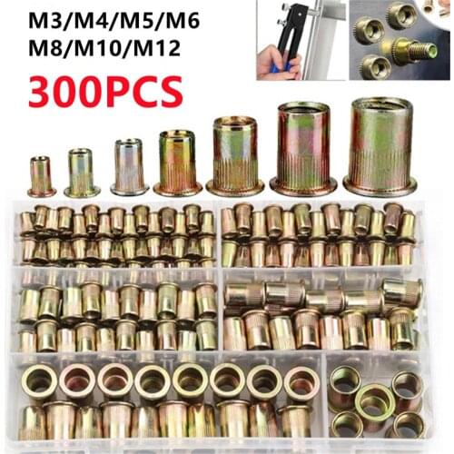 300PCS M3 M4 M5 M6 M8 M10 M12 Zinc Plated Carbon Steel Knurled Nuts Flat Head Threaded Rivet Insert Nutsert Cap Rivet Nut