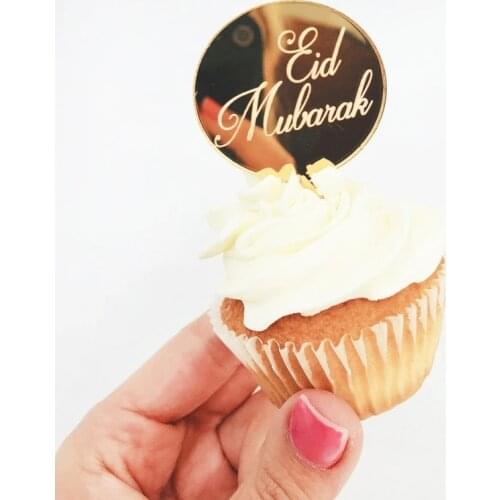 5cm Eid Mubarak Acrylic Cupcake Topper Gold Ramadan Circle Cake Topper for Hajj Mubarak Cake Decorations Muslim Eid Baking