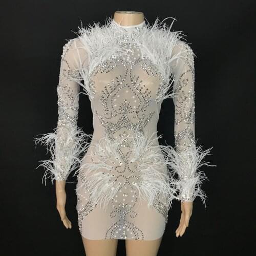 White Pearl Feather Rhinestone Transparent Short Dress Women Dancer Evening Show Outfit Birthday Celebrate Sexy Dress
