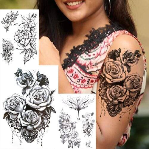 Large Rose Blooming Temporary Tattoo For Women Black Flower Louts Fake Tattoos Sticker Body Art Painting Forearm Tatoos Adults