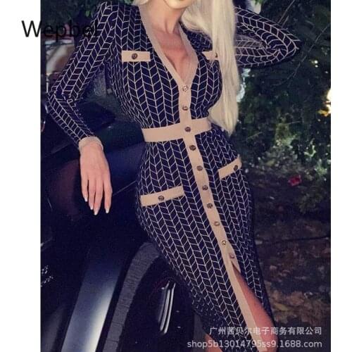 Wepbel Bodycon Long Dresses Deep V Fashion Business Dress Women Long Sleeve Sheath Single-breasted Cardigan Dress Streetwear