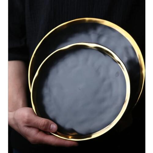 European Style Gold Side Black Plate Retro Tableware Matte Steak Dish Dessert Tray Kitchen Dinner Plates Ceramic Dishes Plates