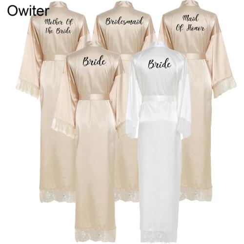 Owiter Bridesmaid champagne Large Plain Mother Bride Kimono Silk Satin Lace Night Dress Gown Wedding Robes Bathrobe Ladies Robe