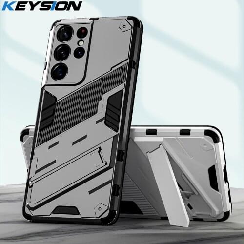 KEYSION Shockproof Phone Case for Samsung Galaxy S21 Ultra 5G Hide Stand Phone Back Cover for Samsung S21 S21+ Plus M51 M31 A02