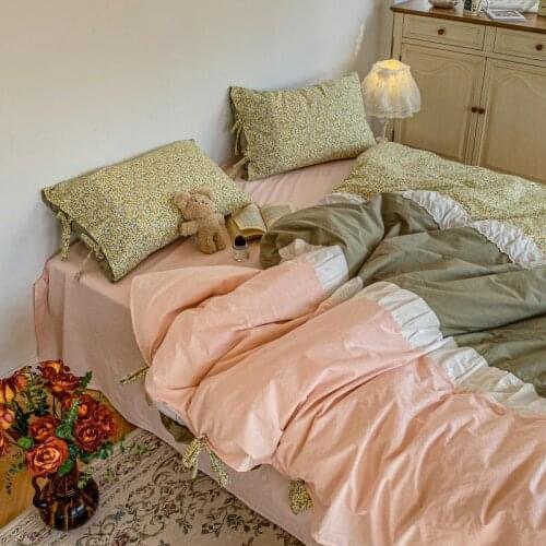 Ins Style Korean Splice Bedding Set Washed Cotton Pastoralism Retro Small Floral Bowknot Quilt Cover Sheet Pillowcase 4 PCS