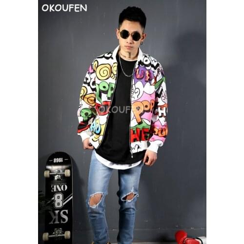 Mens New street dance wear Fashion graffiti print Baseball Jacket Nightclub party bar hairdresser tide male street dance jacket