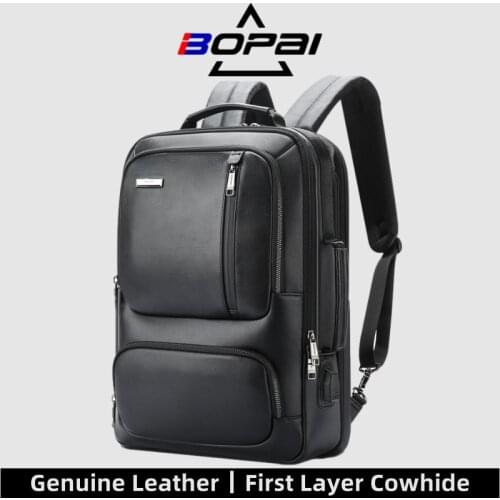 BOPAI Men Laptop Backpack Genuine Leather 15.6 Inch USB Charging Port Enlarge Business Backpack Anti Theft Travel Working Bags