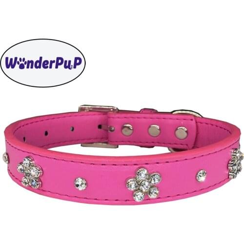 Wonderpup PU Leather Cute Flower Puppy Collars Adjustable Necklace Studs Pet Cat Dog Collars M for Medium Pet