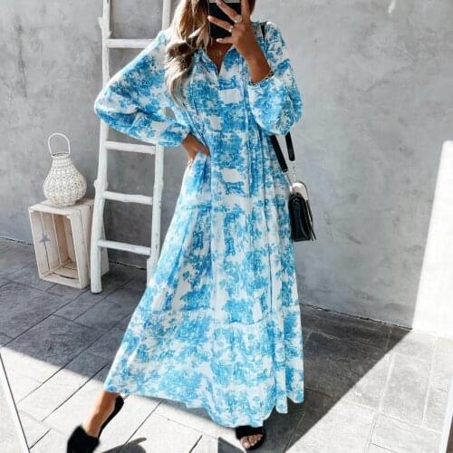Elegant Lace-Up Drawstring Dress Maxi Dress Tree Animal Print V Neck Women Ruffled Hem Long Sleeve Lace-up Dress for Daily Wear