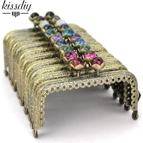 KISSDIY 10PCS 8.5cm 3.3" Colorful crystal bead Metal Purse Frame square antique bronze brass lace Coin Purse Frames
