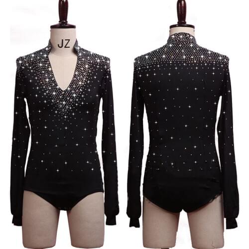 New Sale Black Latin Dance Shirts For Male Long Sleeve Practice Clothes Chacha Stage Adult Men Ballroom Practice Tops BL1053