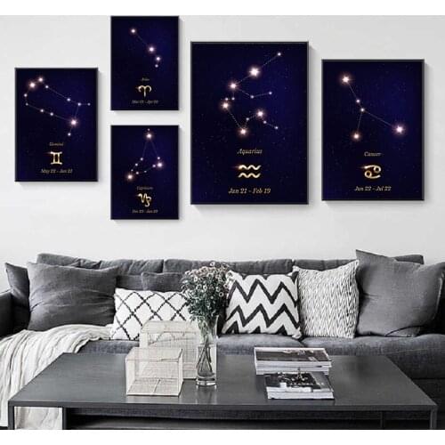 Self-adhesive Wall Stickers 12 Zodiac Signs Constellation Galaxy Posters and Prints Wall Art Pictures for Living Home Decoration