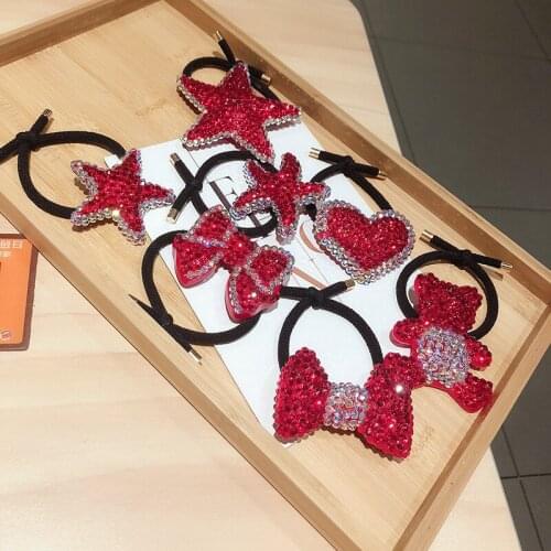 Rhinestone Squins Red Hair Accessories Elastic Hair Bands Luxury Crystal Bear Bow Rose Flower Hair Ties Rubber Bands Wholesale