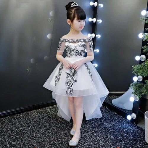 Tulle Girls Princess Dress White Off The Shoulder Flower Girl Dresses for Weddings Short Sleeves Kids Party Communion Gowns