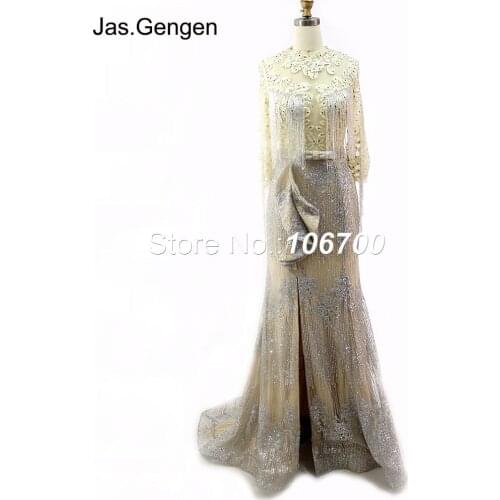 Hand Made Tassels Long Sleeves Evening Dress Mermaid Glitter Embroidery Lace Beading Stones Ruffle Front Side Splits Formal Prom