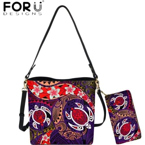 FORUDESIGNS Luxury Handbags Women Bags Polynesian Maori Turtle Plumeria Print Vinatge Pu Leather Bucket Bag And Purse Sac Mujer