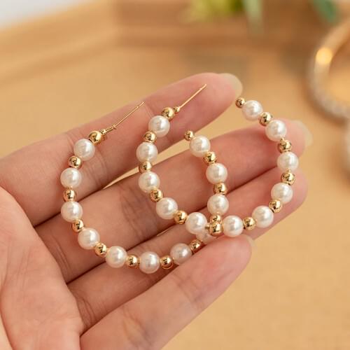 ZWC Korean Simple Gold Metal Large Beaded Pearl Drop Earring Fashion Big Circle Hoops Statement Earrings for Women Party Jewelry