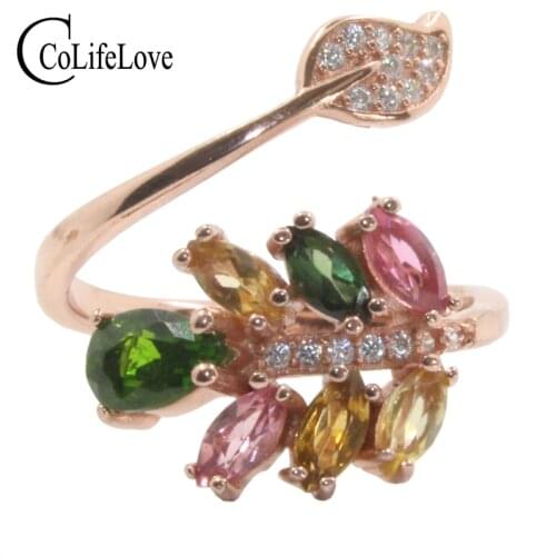 Beautiful Silver Girls Ring Natural Tourmaline and Russian Emerald Fashion Fine Jewelry Real 925 Sterling Silver Ring for Woman