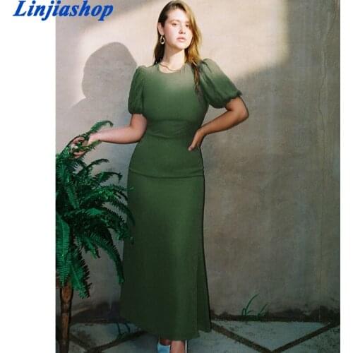 Spring summer women midi dress Elegant O Neck Green Female Retro Chiffon Vestidos Vintage Slim Long Dresses