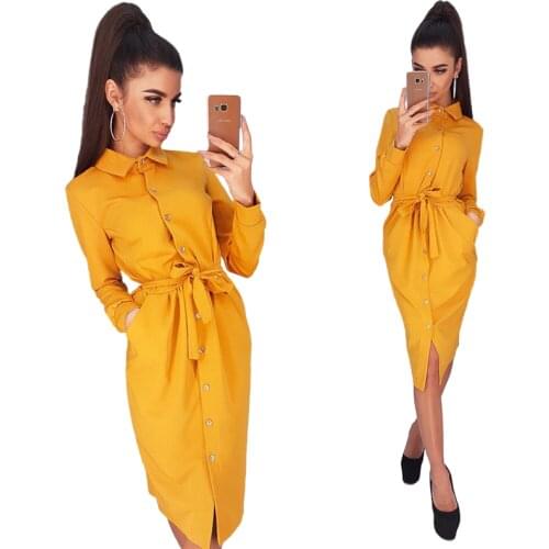 2020 New AutumnFashion Long Sleeve Buttons Shirt Dress Women Casual Yellow Green Vintage Ladies Dresses