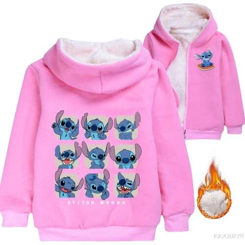Disney Stitch Winter Boys Girls Hooded Jacket Cartoon Print Coat Kids Warm Cashmere Clothes
