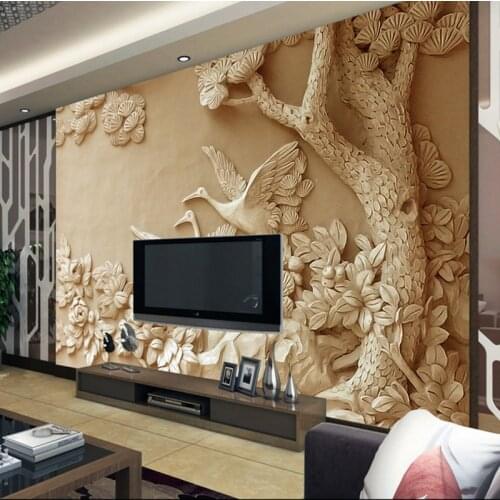 Custom 3d effect photo painting wallpaper large european golden stereoscopic relief wall mural tree bird Sculpture wall mural