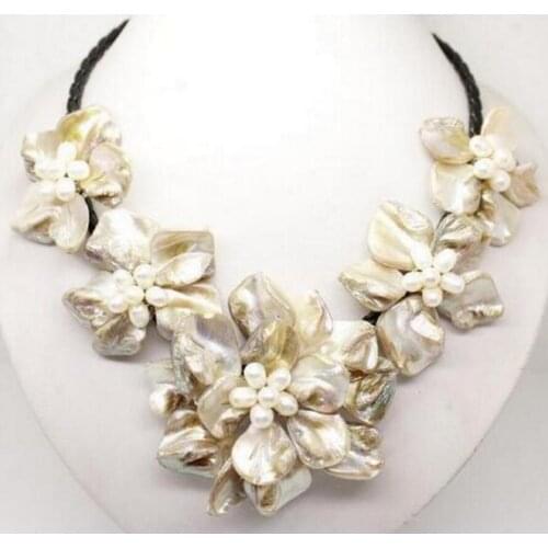 Free shipping fine jewelry Beautiful Hot sale new StyleStunning Multicolor Freshwater Pearl Sea Shell Flower Leather Necklace