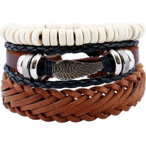 Fashion Hippie Multilayer Wing Feather Braided Leather Bracelets Set Beads Charm Bangle Wrap Wristbands Handmade Vintage Jewelry
