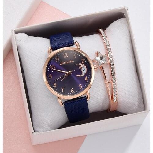 Moon Calendar Pattern Dial Band Ladies Watch Luxury Women Watches Bracelet set Casual Leather Quartz watch Wristwatch Clock