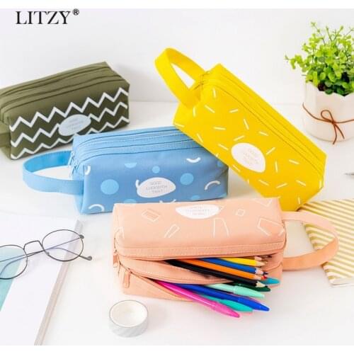 Large Capacity Pencil Case Bags Pouch Geometric Pen Box for Boy Girl Double Zipper Pencilcase School Office Stationary Supplies
