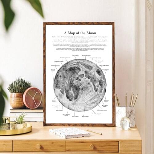 Moon Map Black White Poster Prints Lunar Educational Wall Art Canvas Painting Picture Study Office Wall Decoration Science Gifts