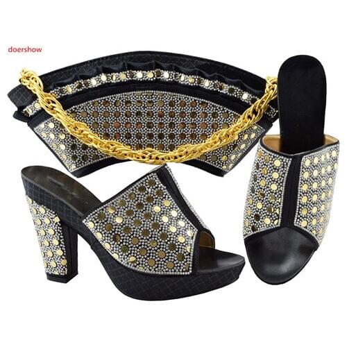 Doershow New Arrival Ladies Italian Shoes and Bag Set Decorated with Rhinestone Italian Shoes with Matching Bag for Womn PFG1-38