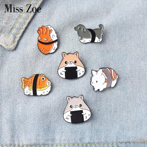 Sushi Rice Ball Animals Enamel Pins Custom Animalized Japanese Food Brooch Lapel Badge Bag Cartoon Jewelry Gift for Friends