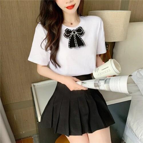 GGRIGHT Summer White Beaded Bow T shirt Women Tops Loose Casual Cotton Tshirt Short Sleeve Plus Size Tee Shirt Femme 2021