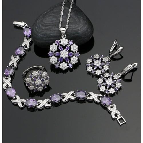 925 Sterling Silver Jewelry Sets Square Purple CZ White Crystal For Women Wedding Bracelet/Pendant/Earrings/Ring/Necklace Set
