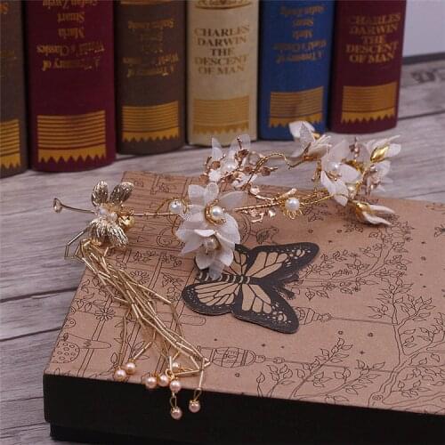 Korean bride handmade headwear Golden Butterfly Wedding flannel flowers tassel hairband bridal hair accessories