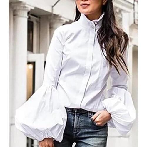 Fashion women blouses 2019 lantern sleeve frilly stand neck button up shirt Black white purple spanish blouse blusa feminina
