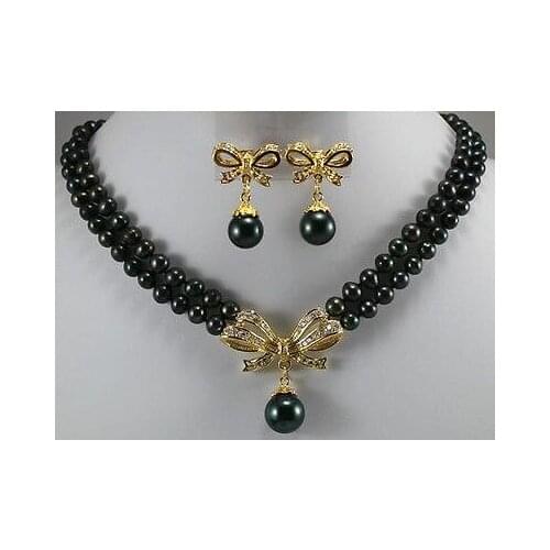 Nobility Lucky womens natural Yellow GP 6-7mm Black Pearl&Shell Pearl Necklace Earring 17"-18"