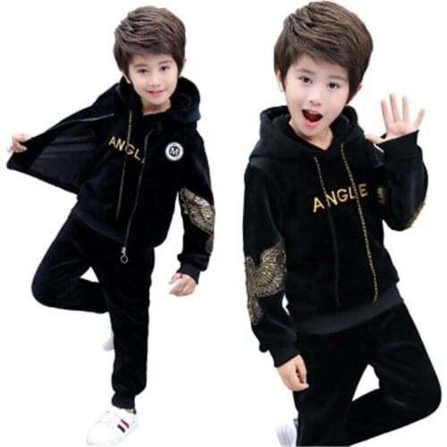 New Fashion Kids Boys Girls Autumn Winter Clothing Set Velvet Solid Hoodie+Pants+Vest 3Pcs Clothes Set Color Black 4-14 Years